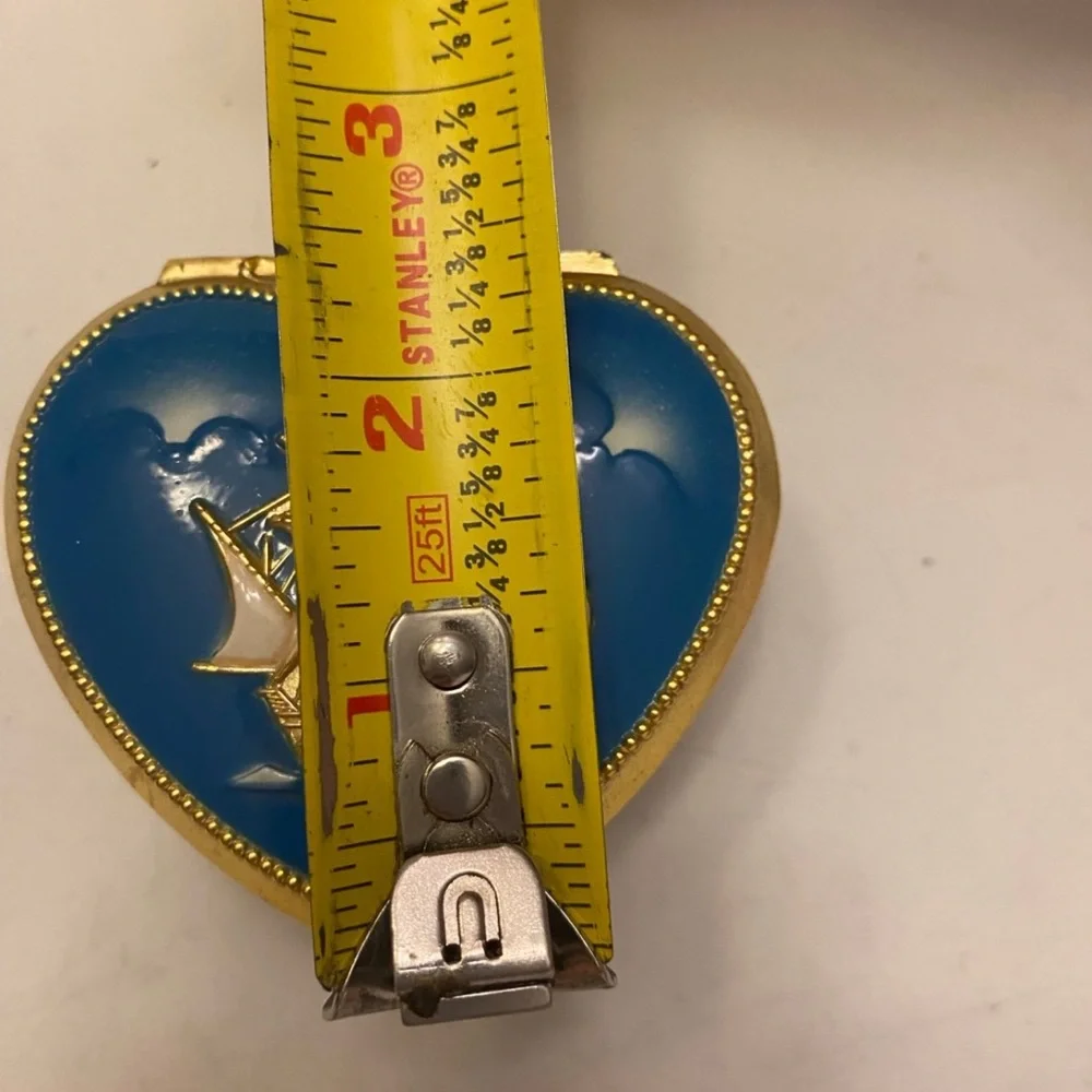 Sailing Ship Heart shape Trinket Box  Blue and Silver with Red Lining Vintage